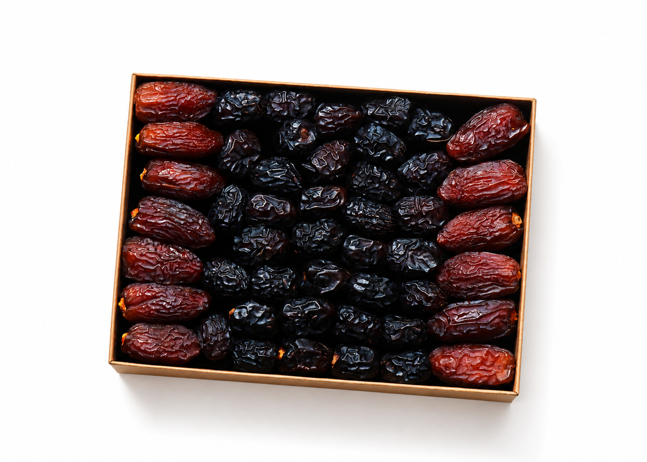 Box of date sultan dried dates on a white background