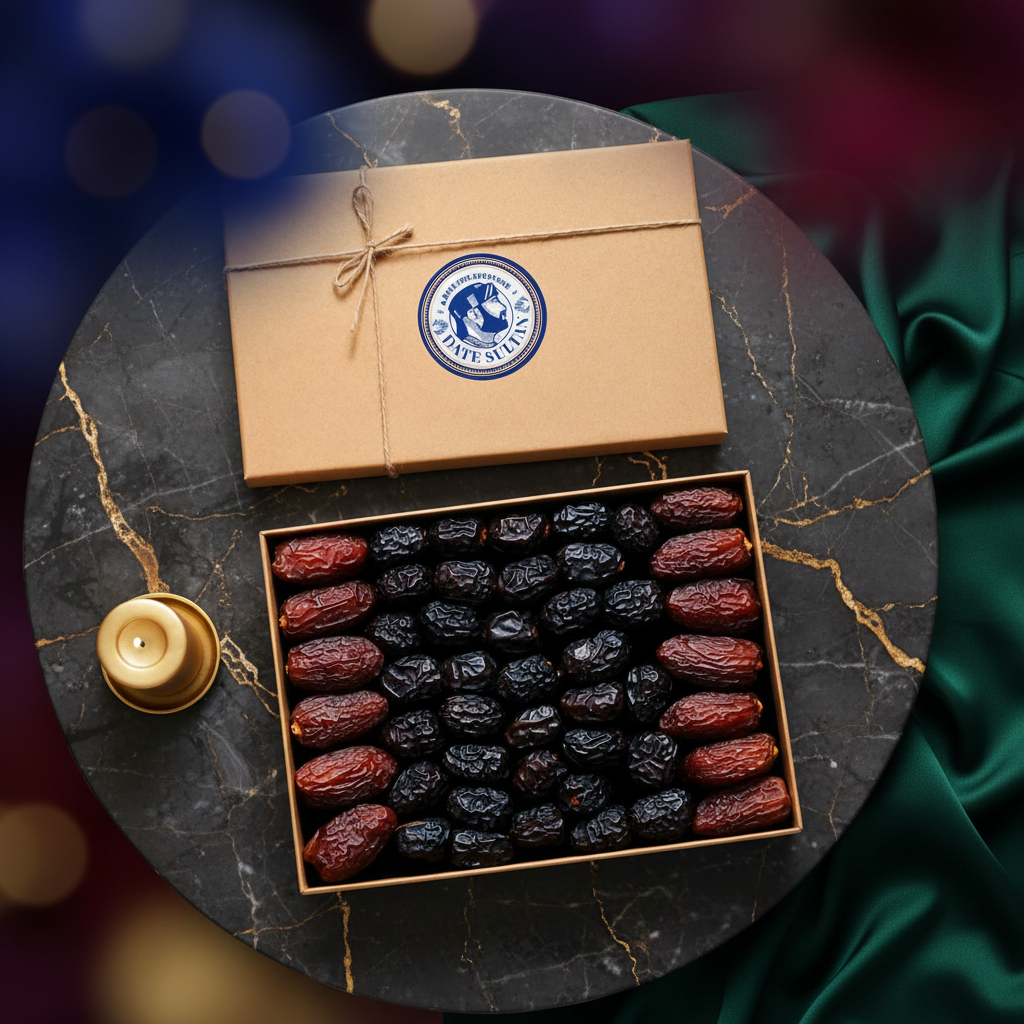 Box of dates with a visible brand of date sultan on a white background